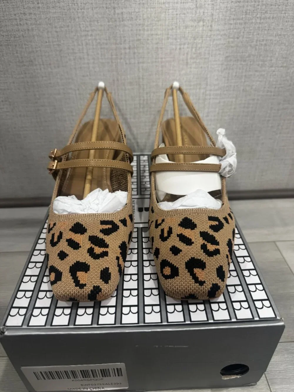 NEWBELLA Leopard Knit Mary Jane Chunky Low Heel Slingback Pump Square Toe 8.5 - Picture 3 of 13